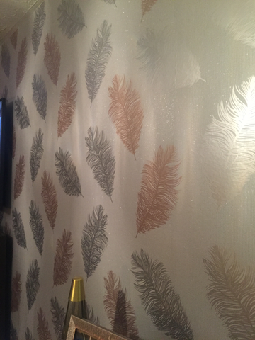 Showing wallpaper Holden Decor Astonia Feather Grey/Rose Gold Metallic Glitter Wallpaper - 75890 on the wall