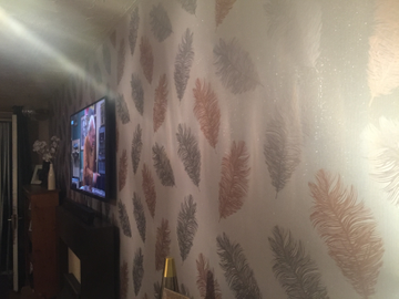 Showing wallpaper Holden Decor Astonia Feather Grey/Rose Gold Metallic Glitter Wallpaper - 75890 on the wall