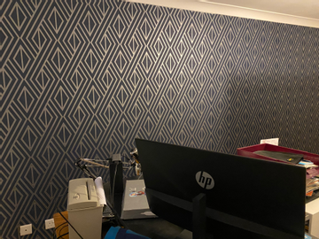 Showing wallpaper Pear Tree Geo Diamond Denim Metallic Wallpaper - UK30522 on the wall