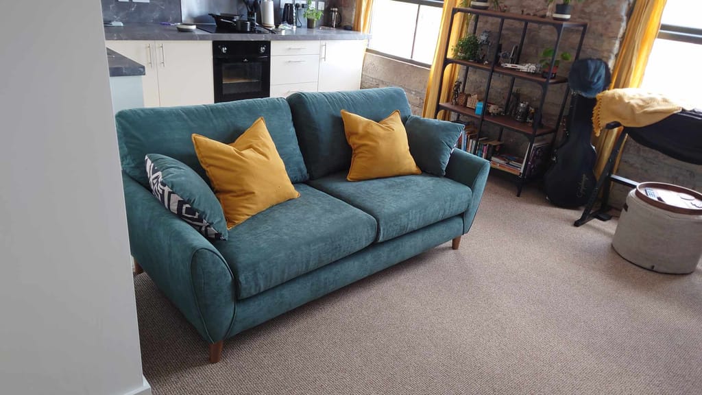 Milner Teal Fabric 3Seater Sofa Oak Furnitureland