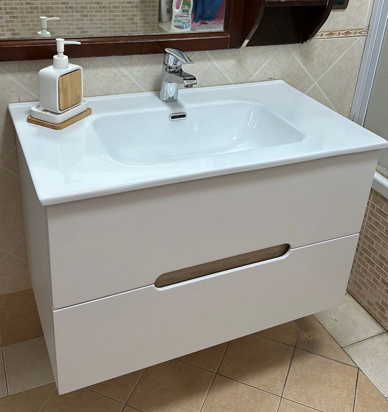 Mobile Lavabo ORNA Effetto Cemento/Bianco, Con Anta E 3 Scomparti Aperti, Per Bagno, 60x60x30 Cm