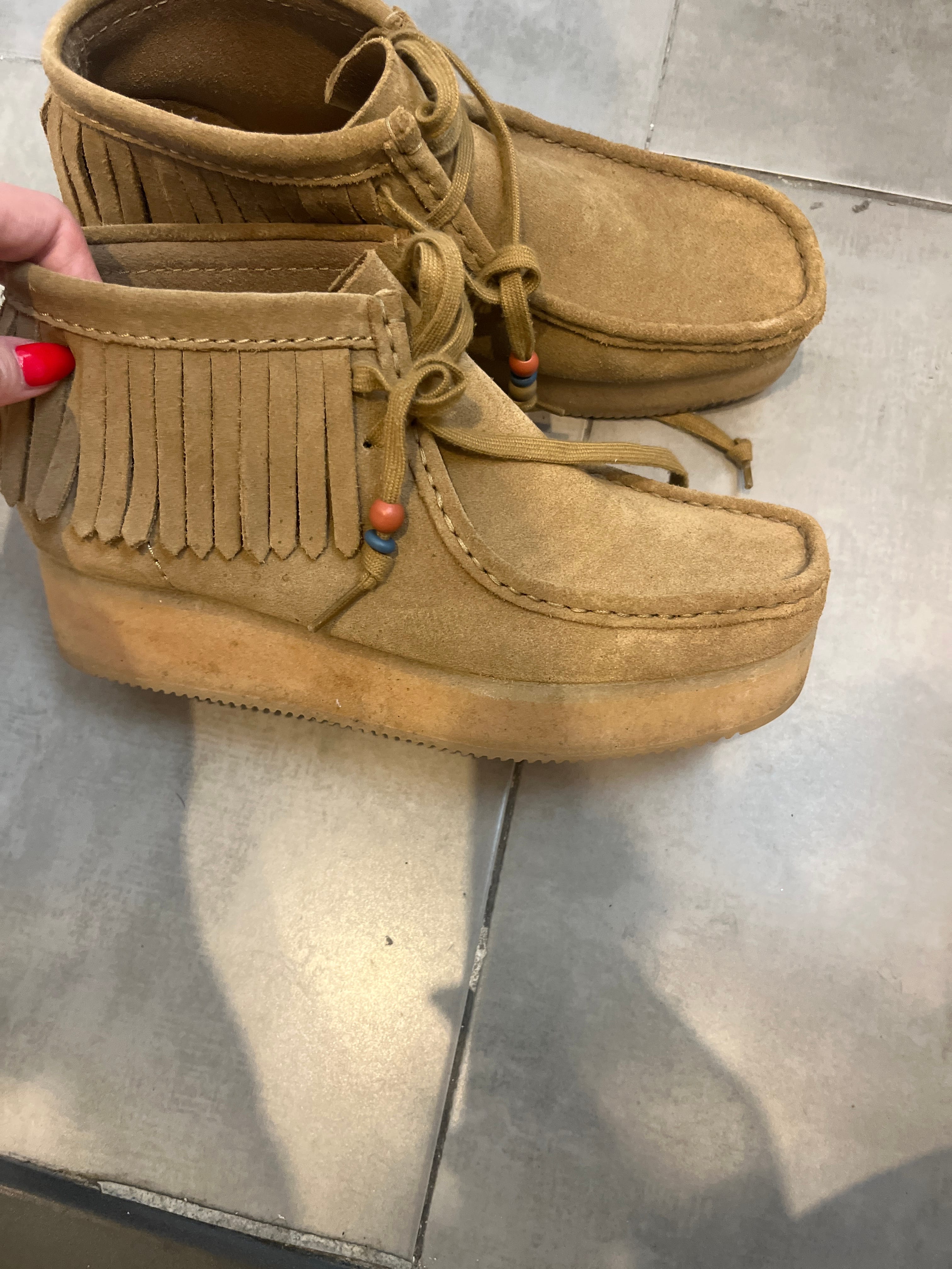 Womens Wedge Fringe Light Tan Suede Wallabees | Clarks